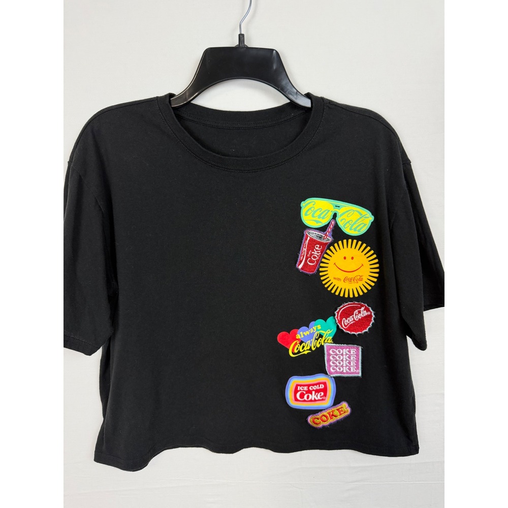Coca-Cola Women T-Shirt XL Black Graphic Patch Cropped Short Sleeve LF22404FS